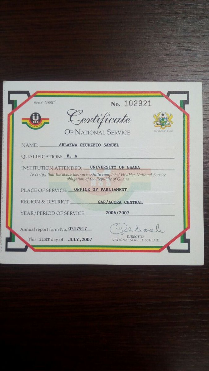 Okudzeto Ablakwa's National Service Certificate